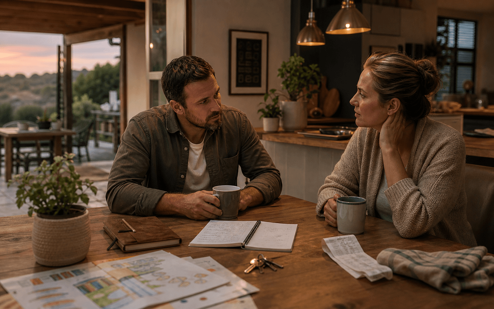 An Afrikaner couple in a warm evening kitchen conversation